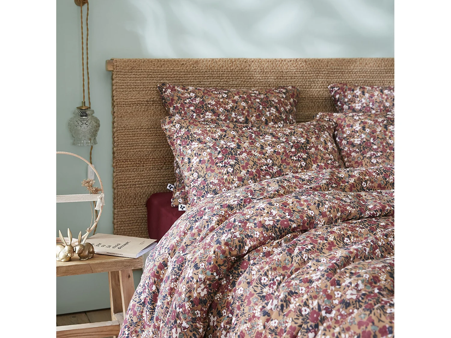 Parure de lit gaze de coton imprimé floral marron camel 140x200