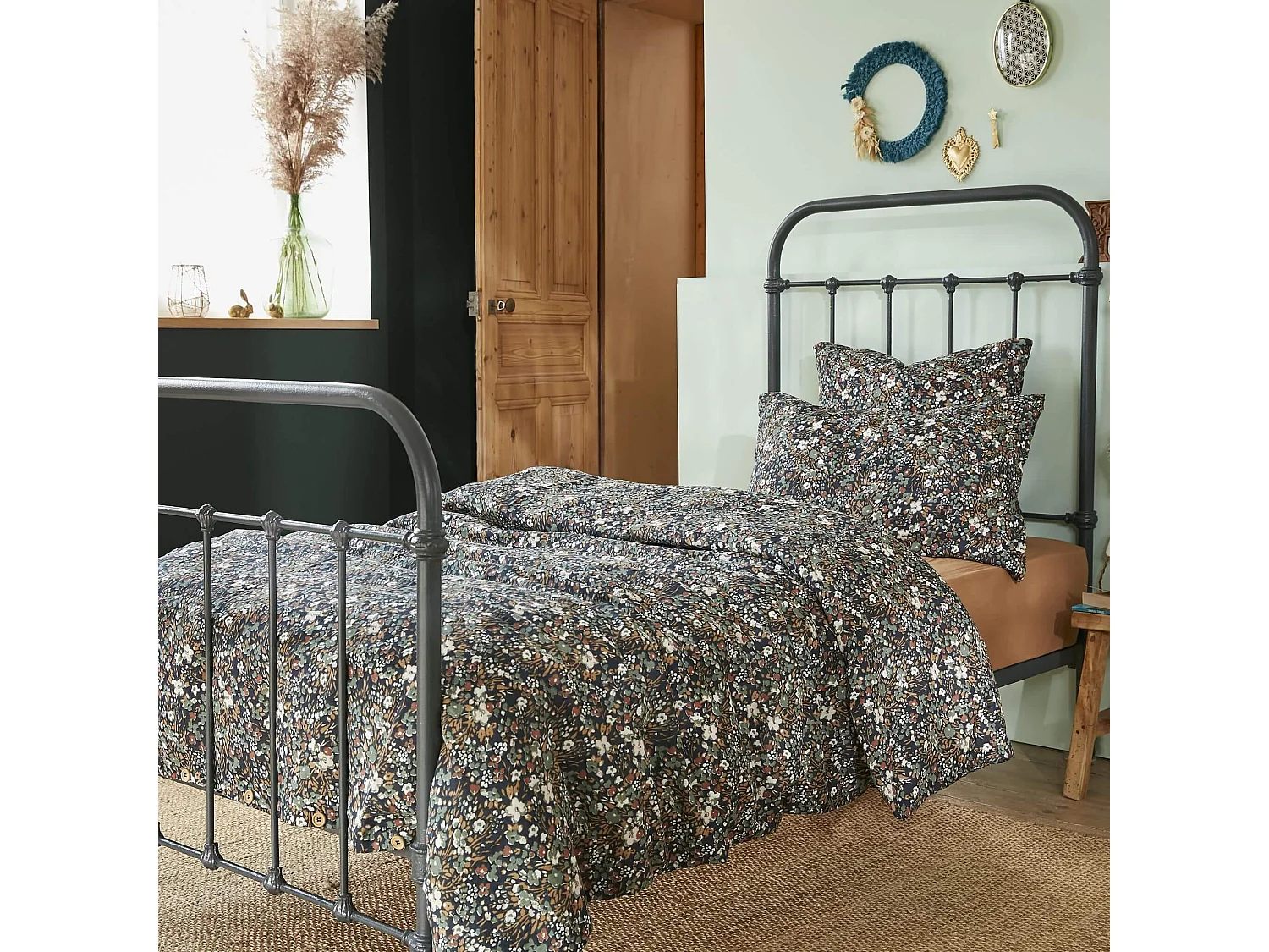 Parure de lit gaze de coton imprimé floral bleu marine 140x200