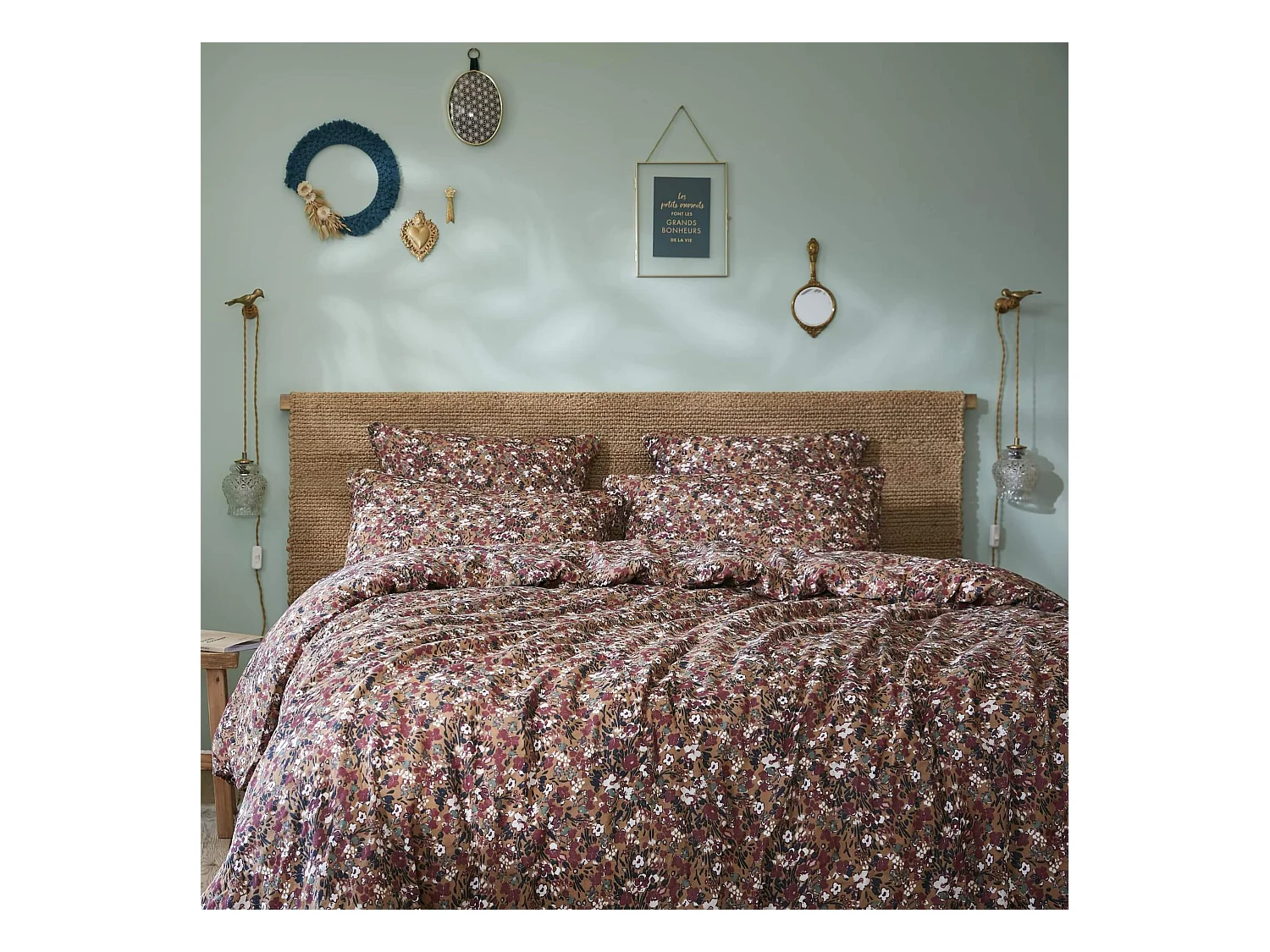 Parure de lit gaze de coton imprimé floral marron camel 240x260