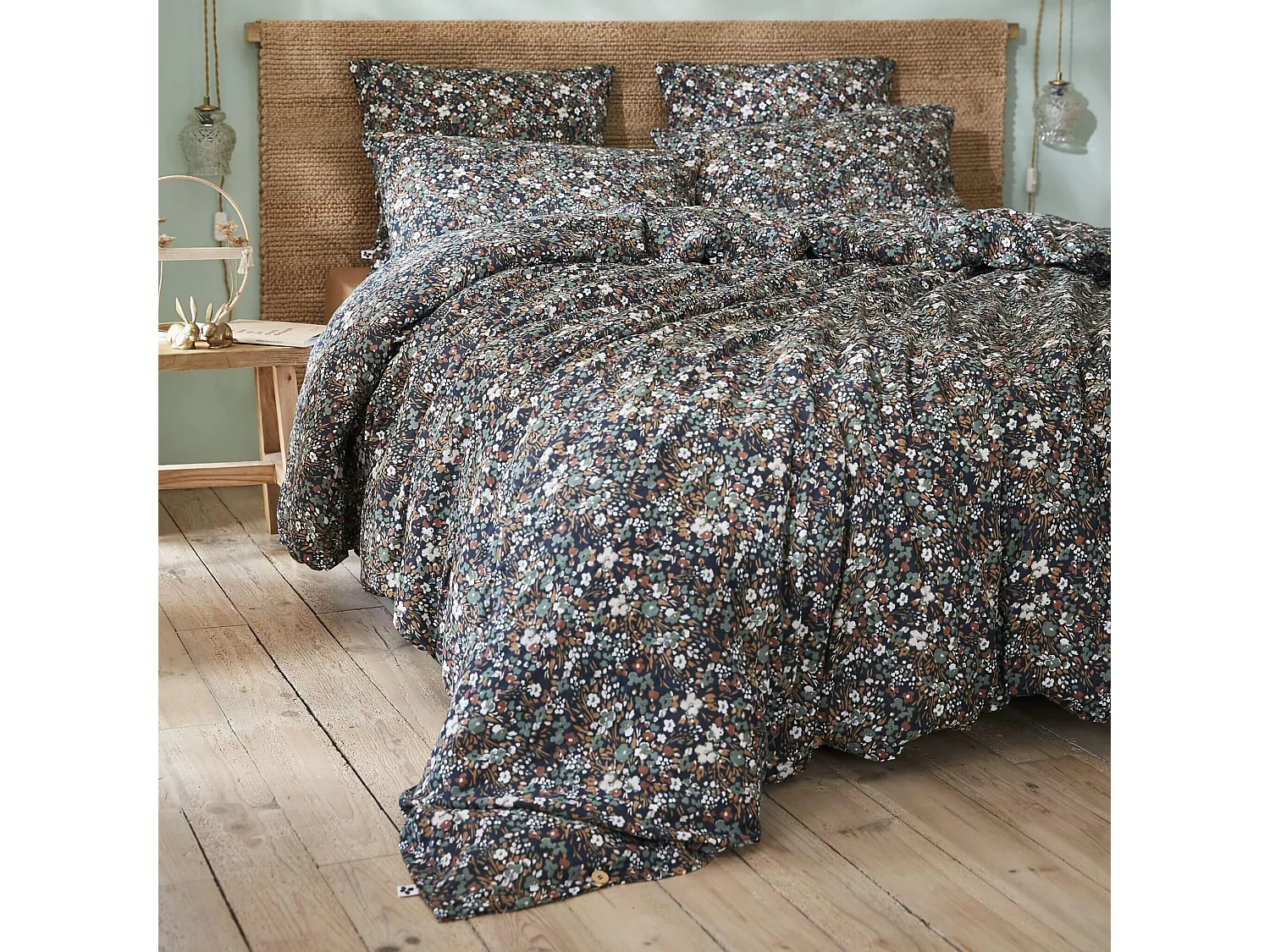 Parure de lit gaze de coton imprimé floral bleu marine 200x200