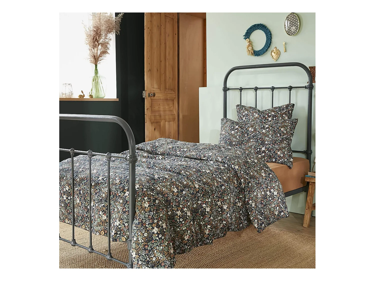 Parure de lit gaze de coton imprimé floral bleu marine 220x240