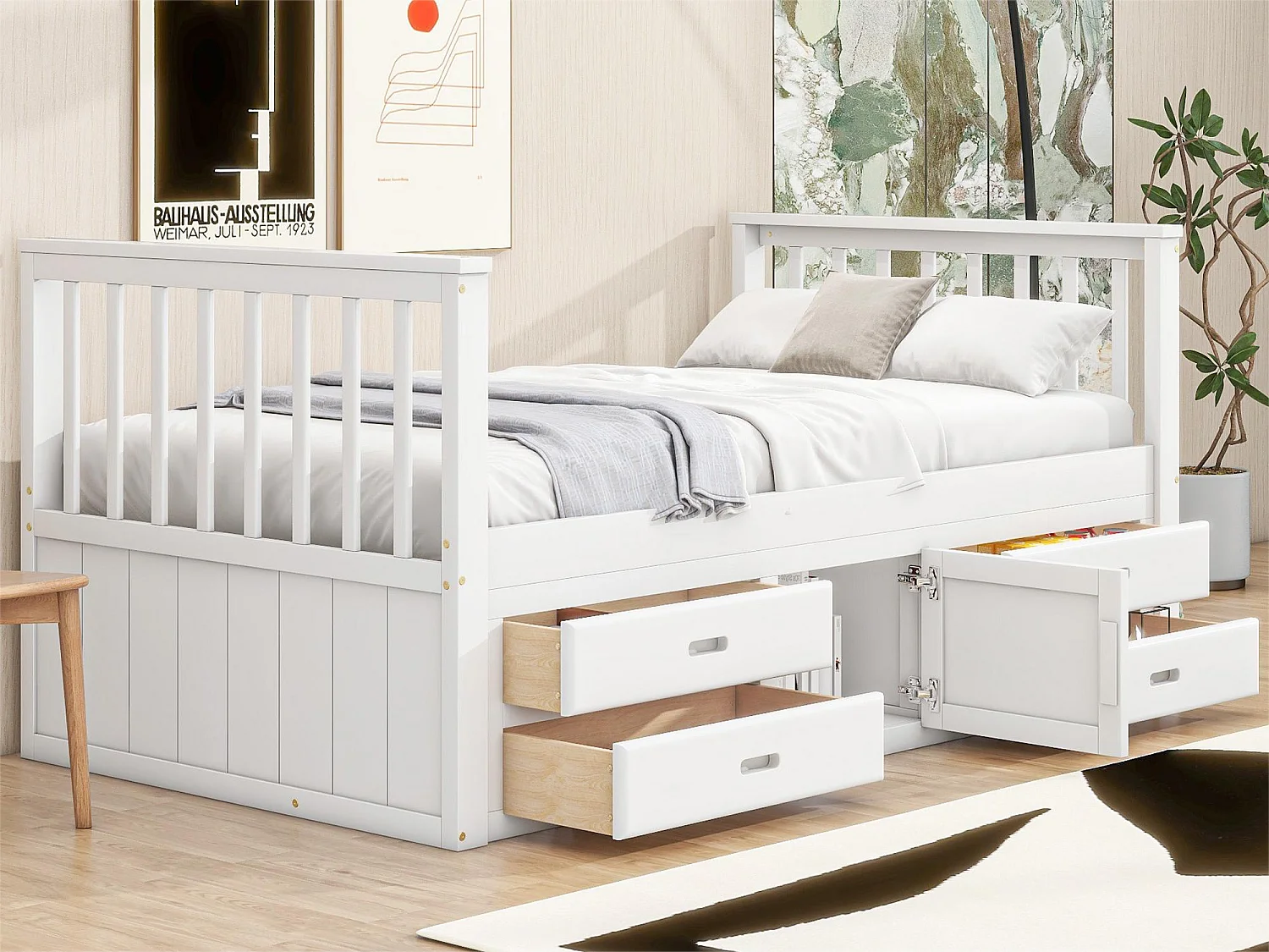 Kinderbett 90 x 200 cm mit 4 Schubladen, mit Stauraum – Kiefer und MDF – weiß