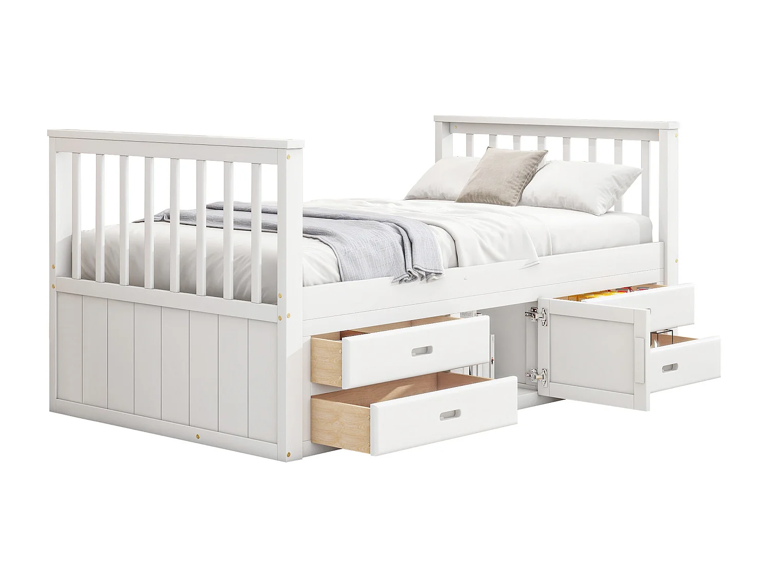 Kinderbett 90 x 200 cm mit 4 Schubladen, mit Stauraum – Kiefer und MDF – weiß