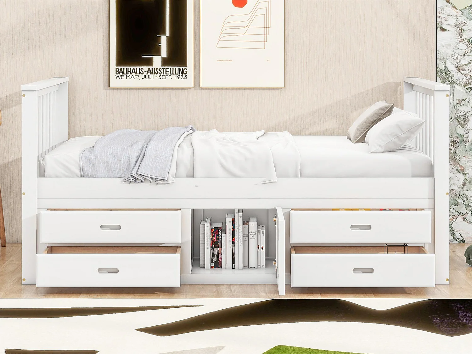 Kinderbett 90 x 200 cm mit 4 Schubladen, mit Stauraum – Kiefer und MDF – weiß