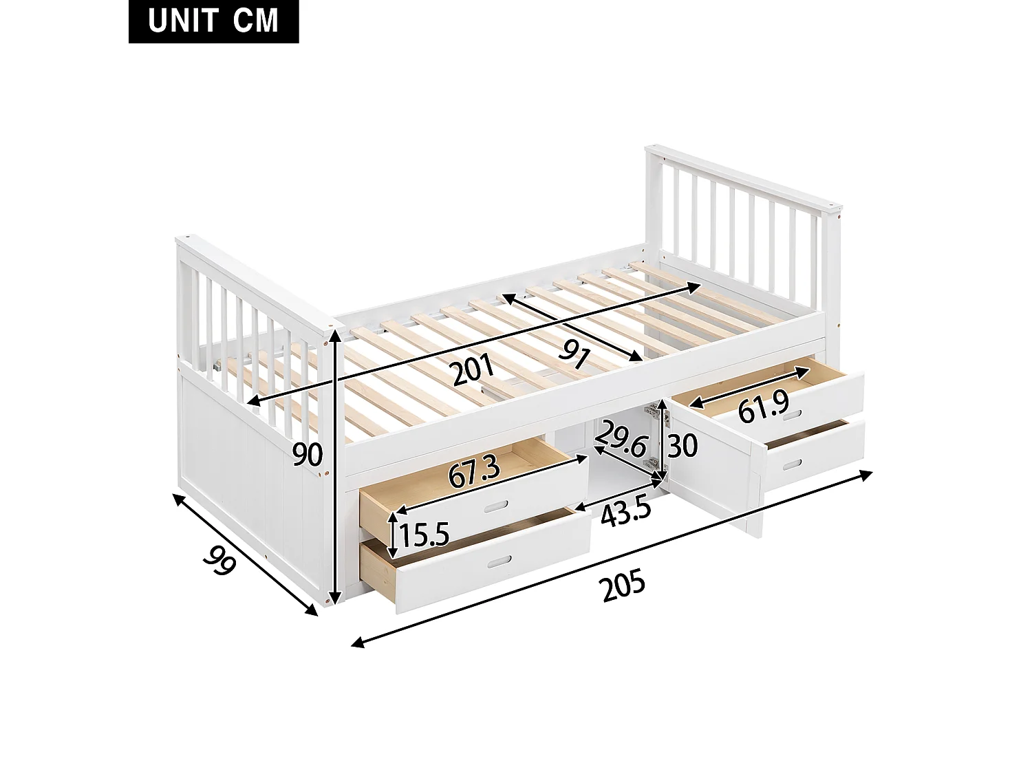 Kinderbett 90 x 200 cm mit 4 Schubladen, mit Stauraum – Kiefer und MDF – weiß