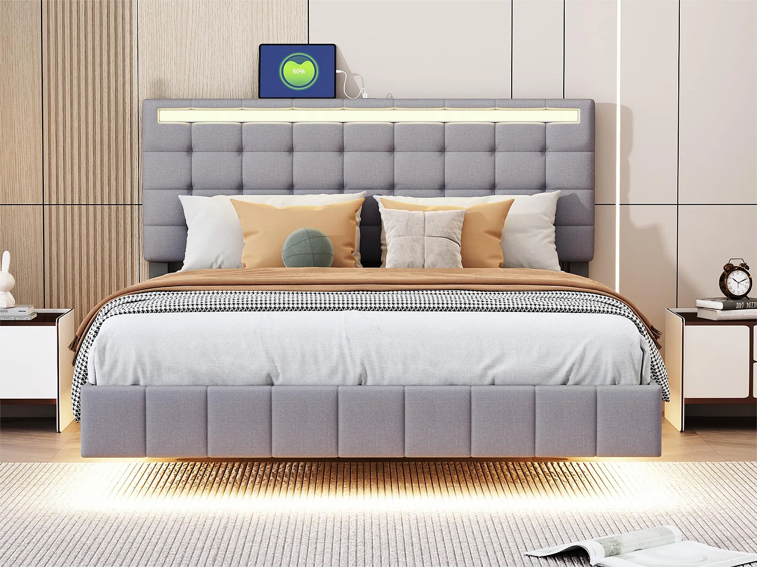 Letto imbottito con testiera - 140 x 200 cm - giroletto sospeso - LED - tessuto di lino - grigio