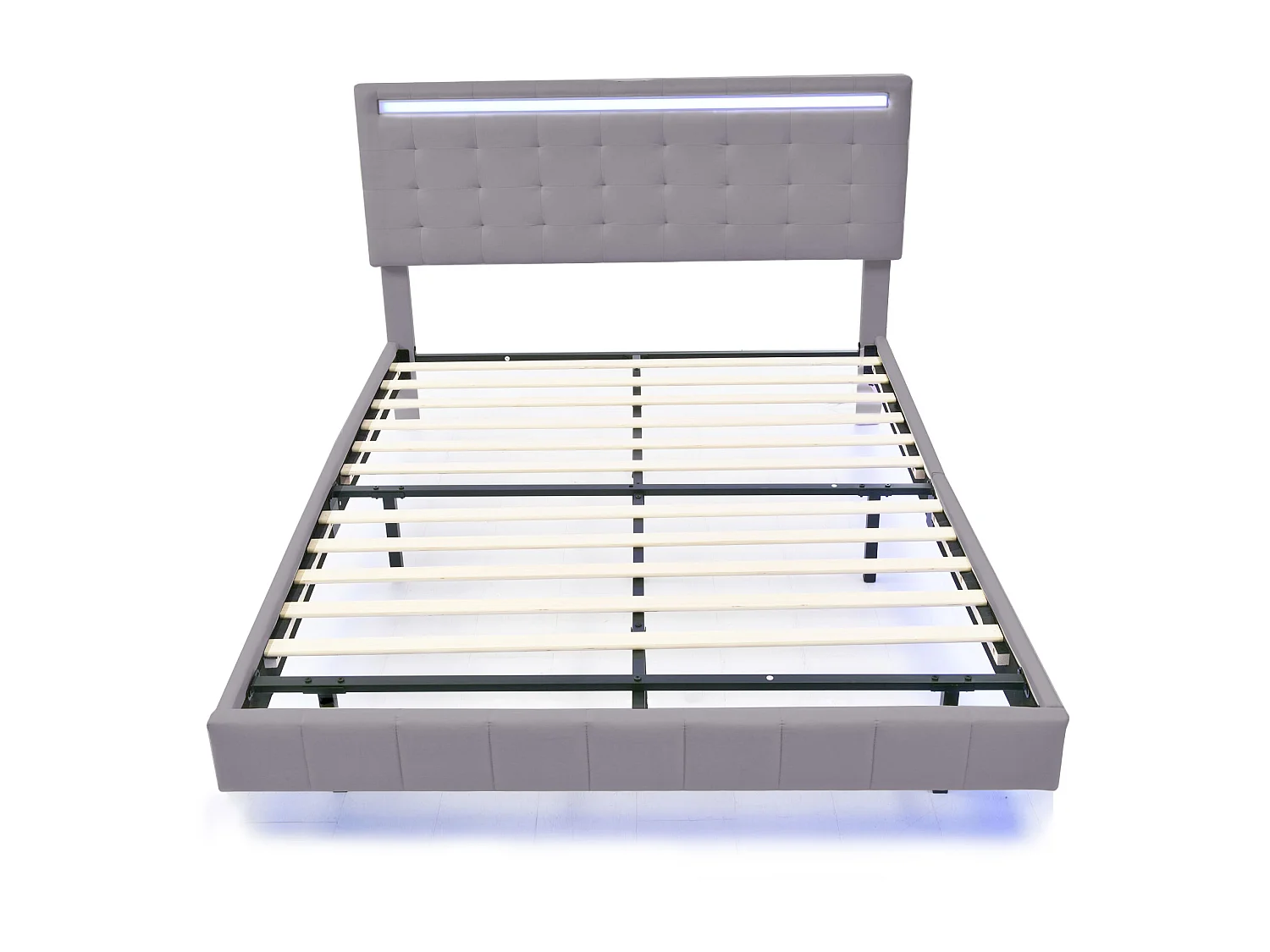 Letto imbottito con testiera - 140 x 200 cm - giroletto sospeso - LED - tessuto di lino - grigio