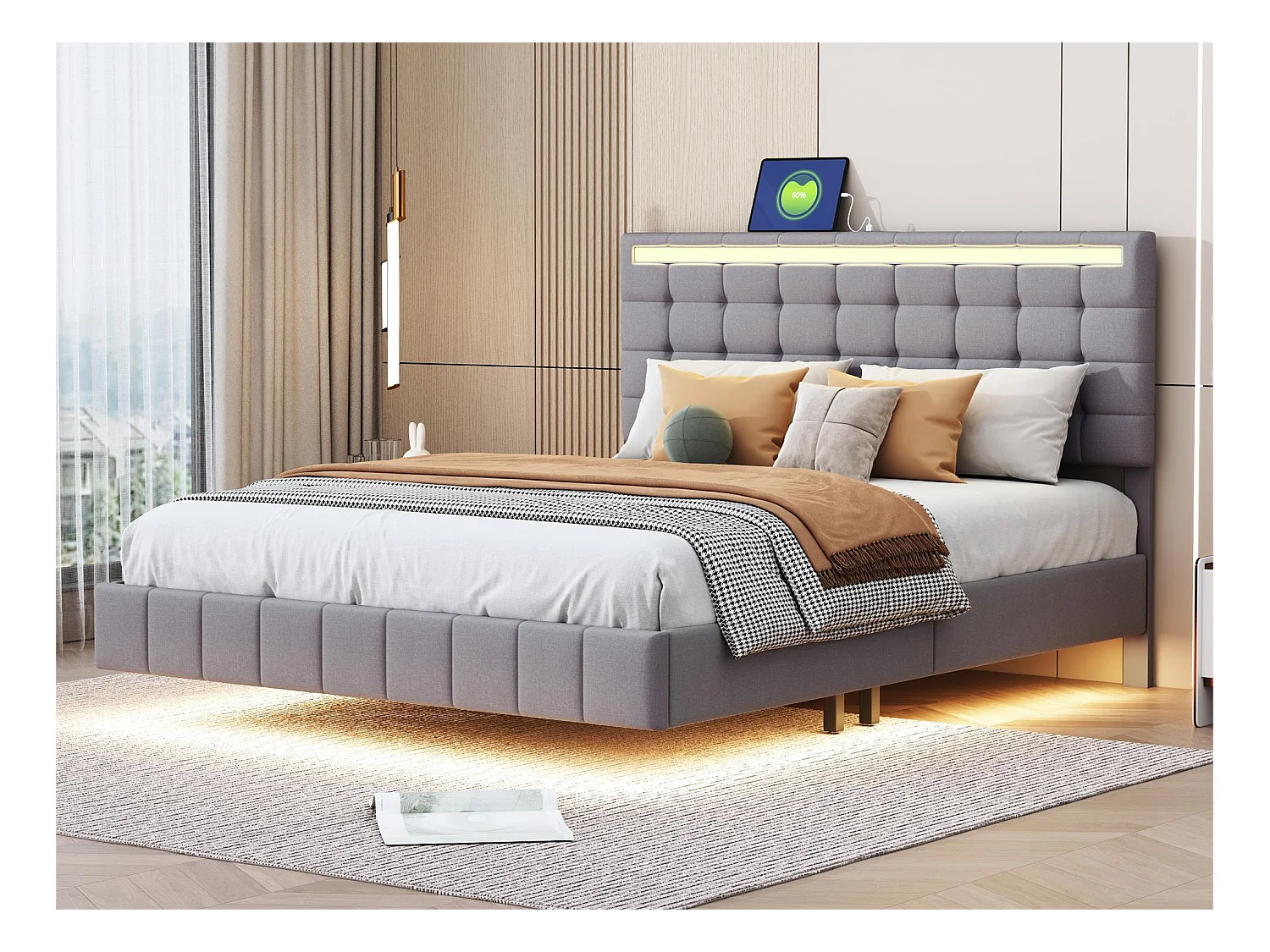 Polsterbett mit Kopfteil – 140 x 200 cm – schwebendes Bettgestell – LEDs – Leinenstoff – Grau
