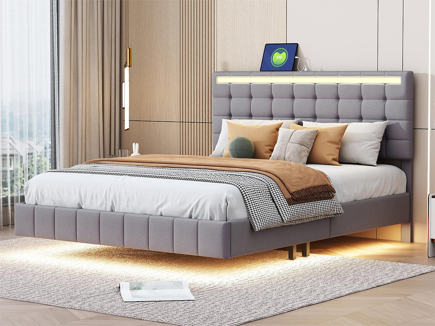 KUAKE Letto imbottito 140 x 200 cm, letto con luci a LED e 2 porte USB, letto matrimoniale, letto per gli ospiti in lino delicato sulla pelle, senza materasso (beige, 140 x
