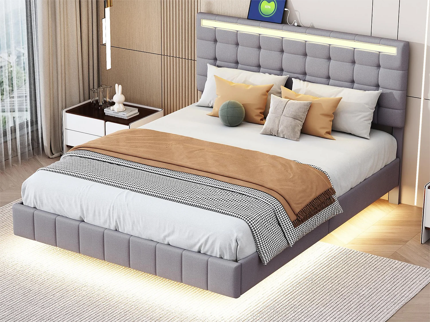 Lit capitonné avec tête de lit - 140 x 200 cm - cadre de lit flottant - LEDs - tissu lin - gris