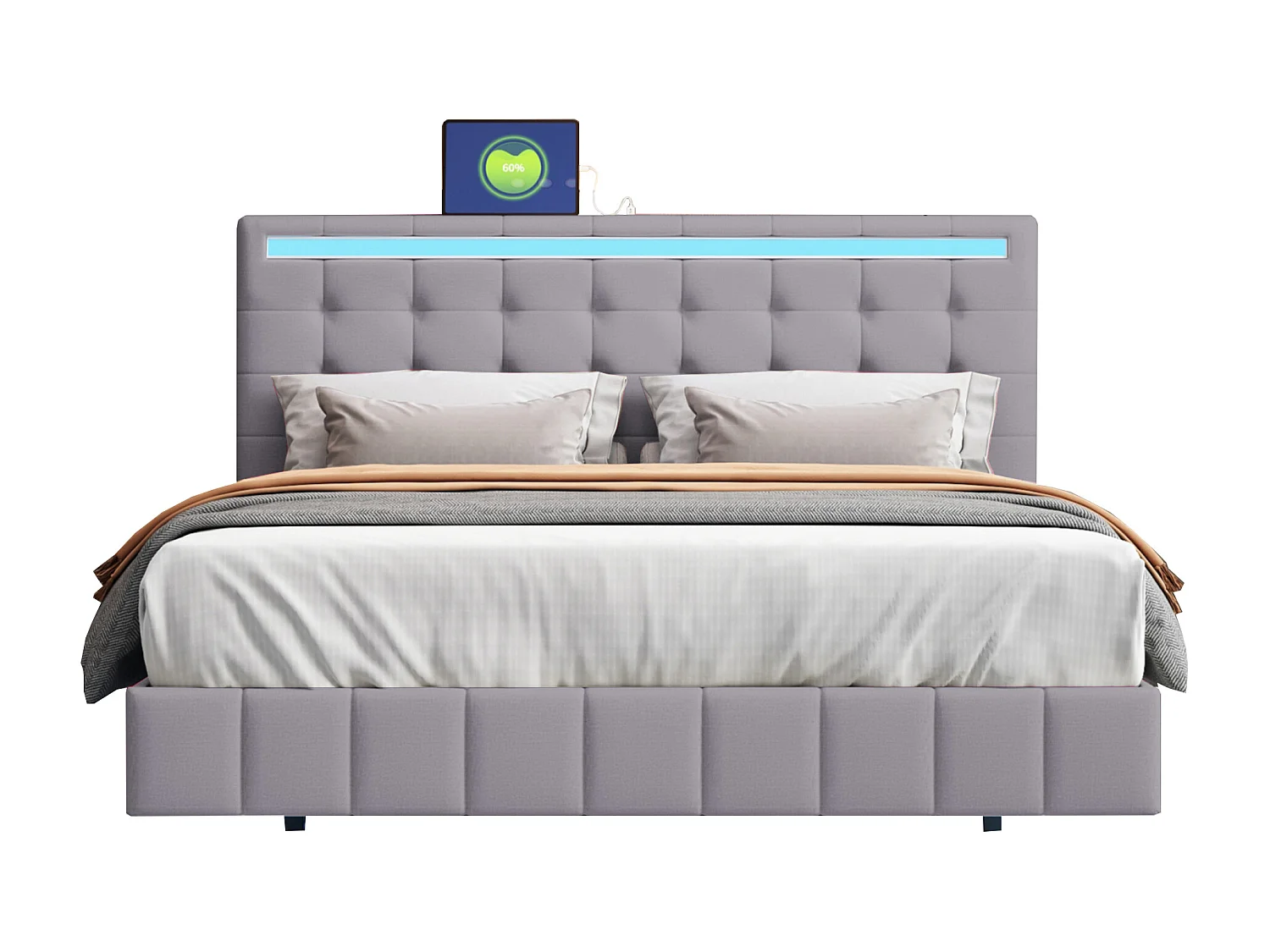 Lit capitonné avec tête de lit - 140 x 200 cm - cadre de lit flottant - LEDs - tissu lin - gris