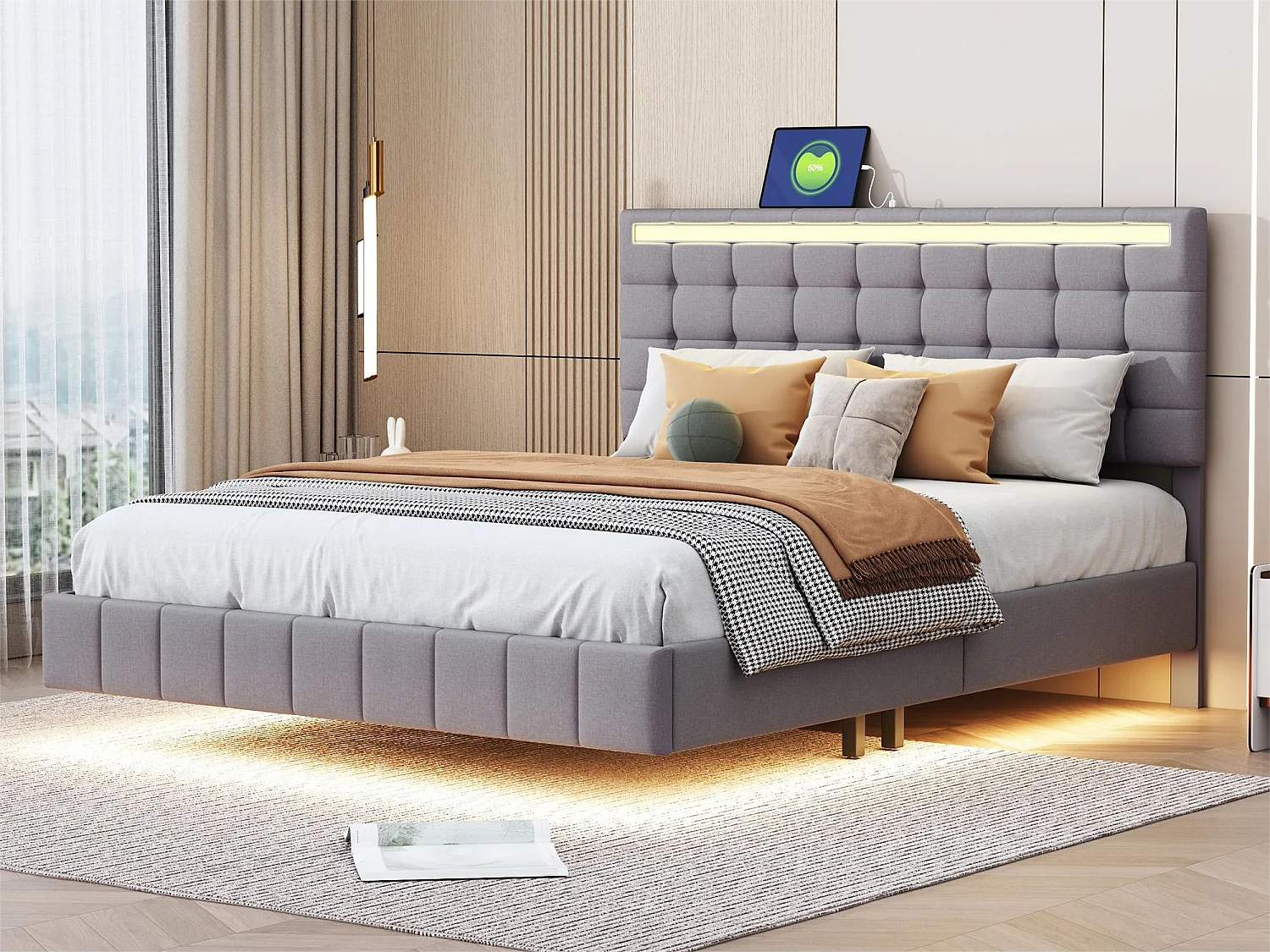 Letto imbottito con testiera - 140 x 200 cm - giroletto sospeso - LED - tessuto di lino - grigio