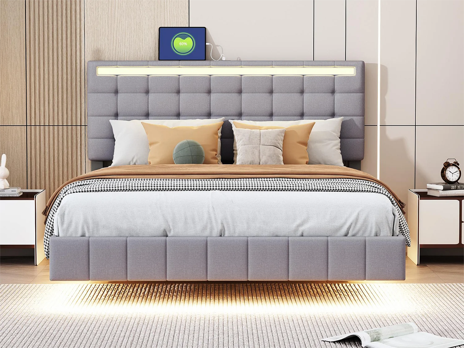 Letto imbottito con testiera - 140 x 200 cm - giroletto sospeso - LED - tessuto di lino - grigio