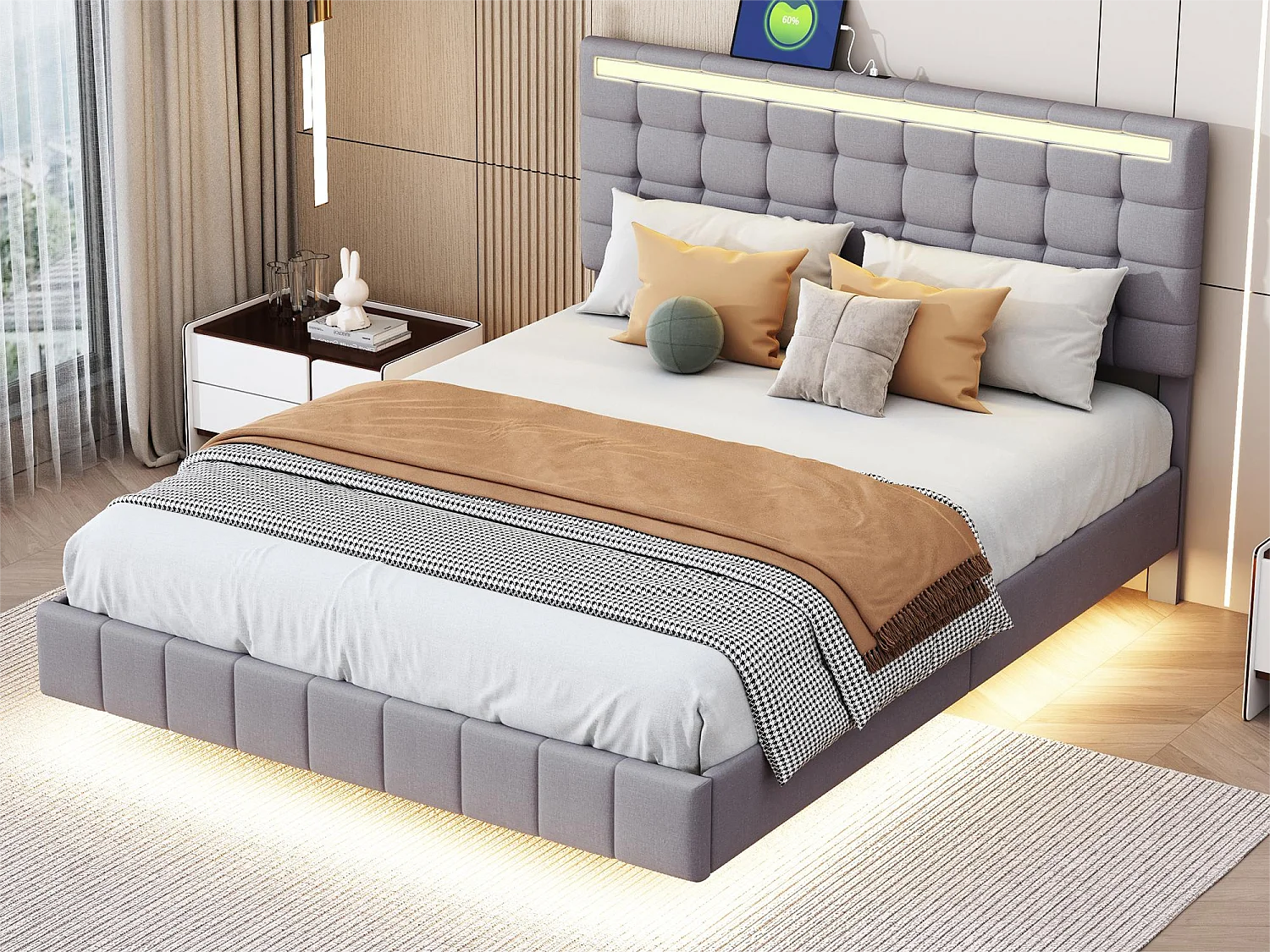 Letto imbottito con testiera - 140 x 200 cm - giroletto sospeso - LED - tessuto di lino - grigio