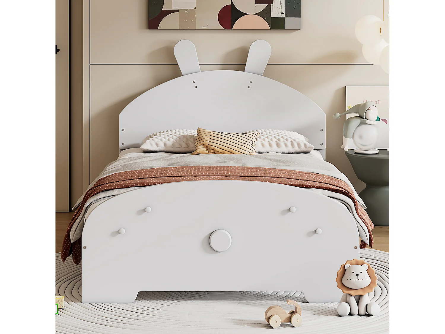Lit enfant 90 x 200 cm avec tête de lit en forme lapin, bois massif, sommier à lattes inclus, blanc