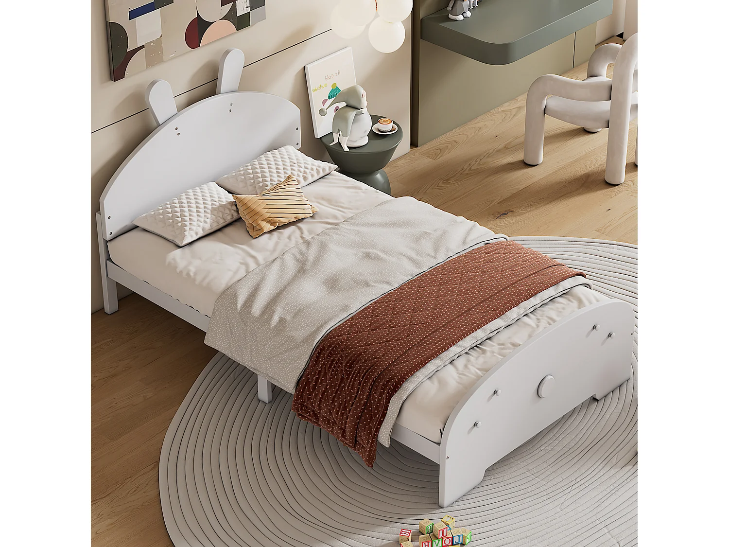 Lit enfant 90 x 200 cm avec tête de lit en forme lapin, bois massif, sommier à lattes inclus, blanc