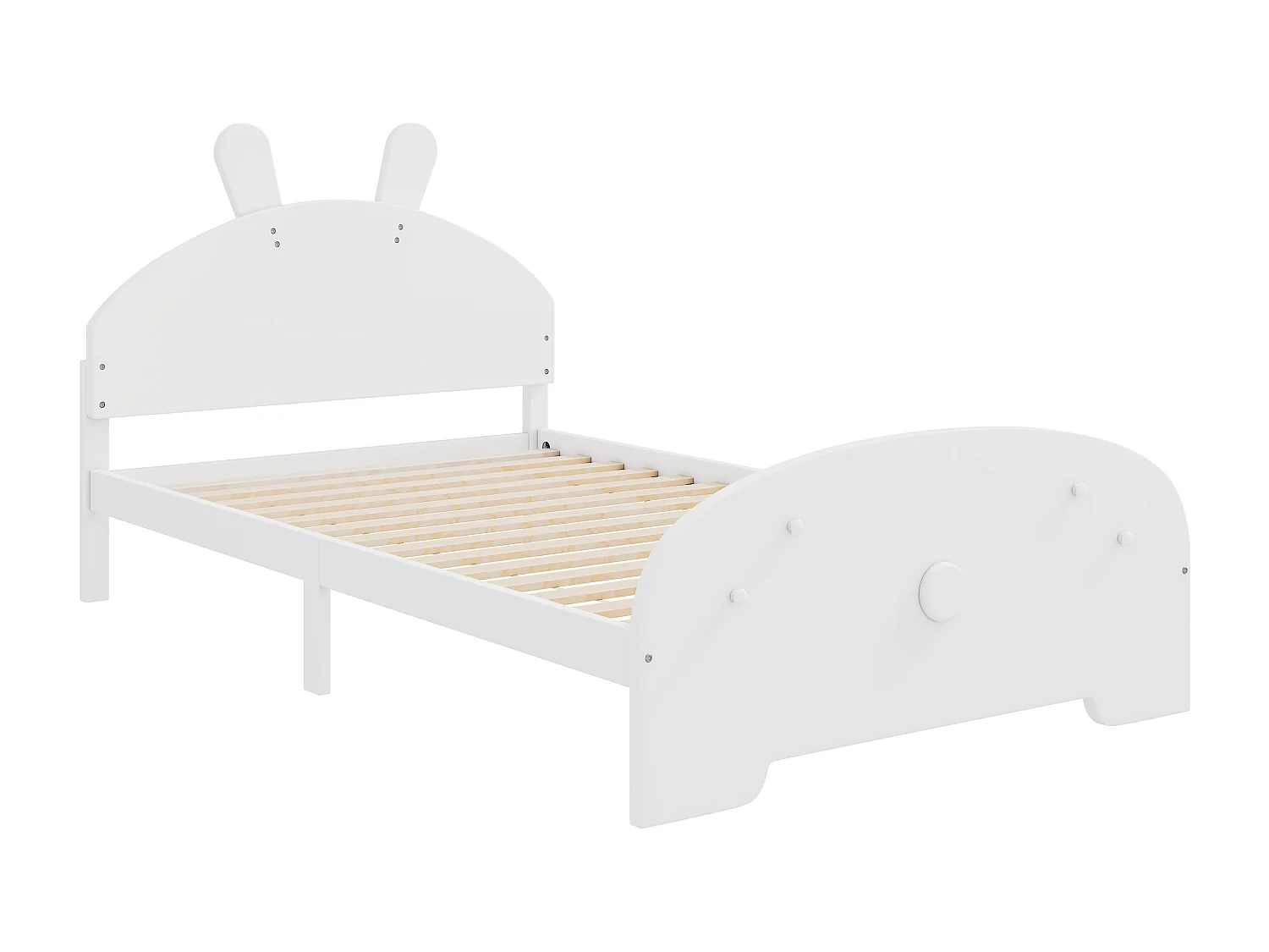 Lit enfant 90 x 200 cm avec tête de lit en forme lapin, bois massif, sommier à lattes inclus, blanc