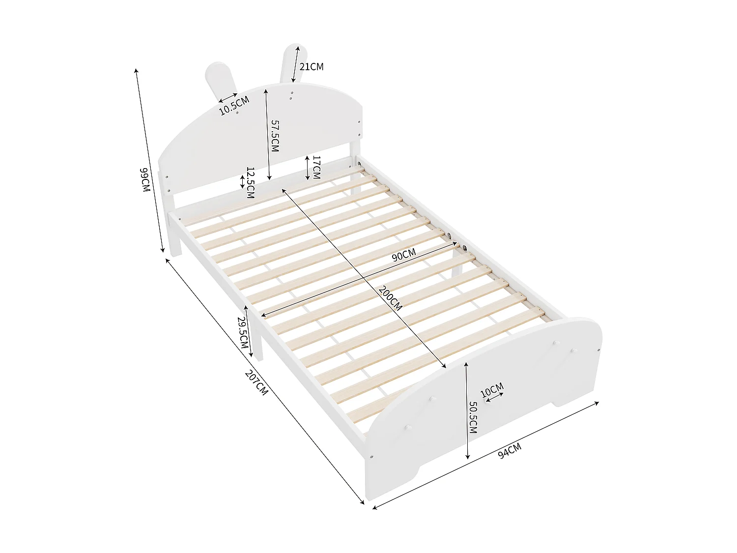 Lit enfant 90 x 200 cm avec tête de lit en forme lapin, bois massif, sommier à lattes inclus, blanc