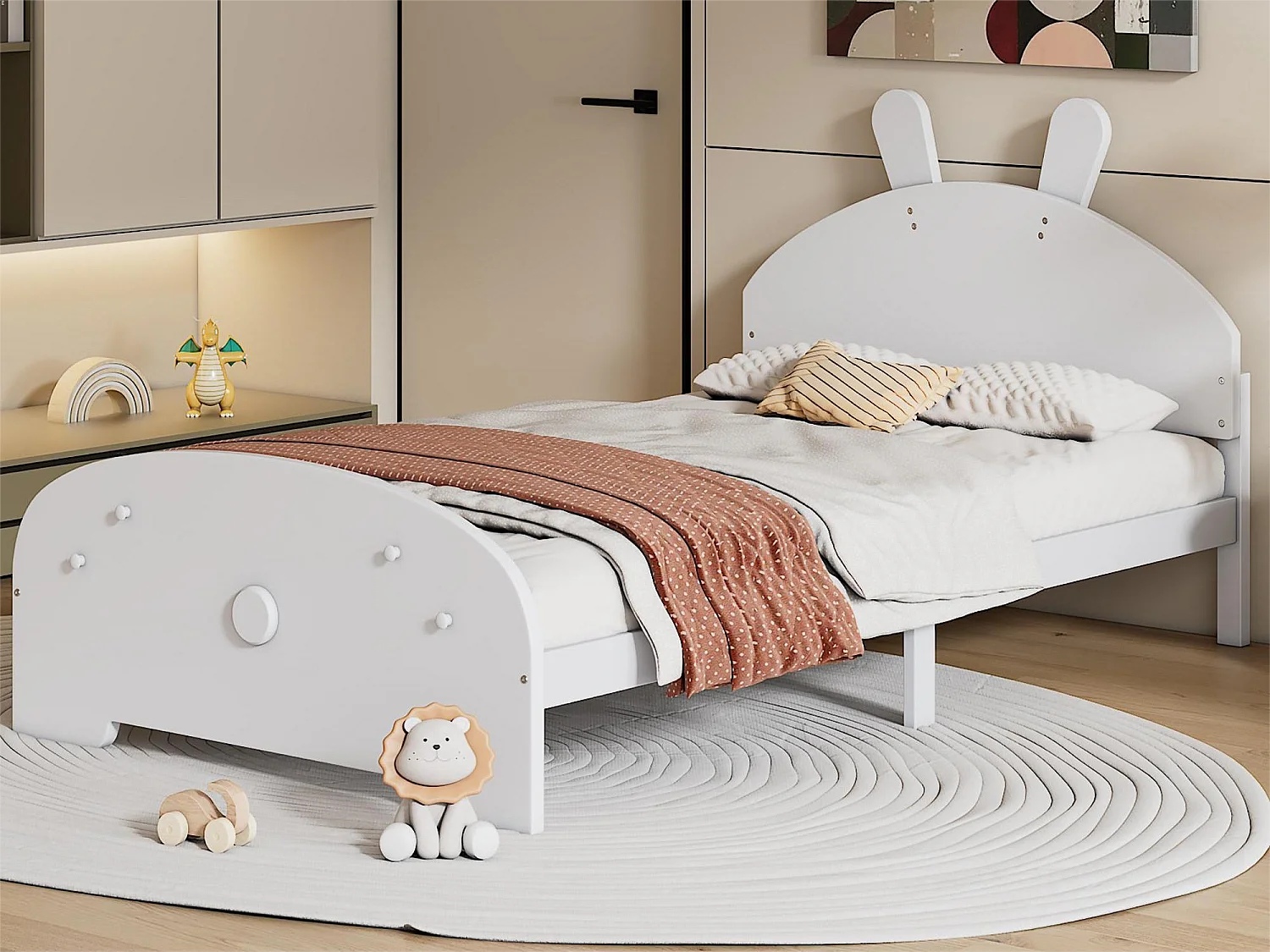 Lit enfant 90 x 200 cm avec tête de lit en forme lapin, bois massif, sommier à lattes inclus, blanc