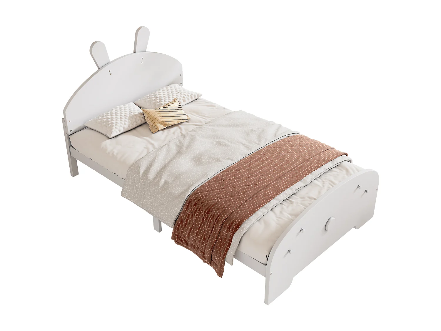 Lit enfant 90 x 200 cm avec tête de lit en forme lapin, bois massif, sommier à lattes inclus, blanc