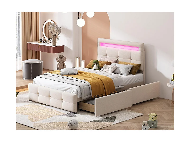 Lit simple 90 x 200 cm avec 2 tiroirs - tissu lin - LEDs - pour enfant - beige