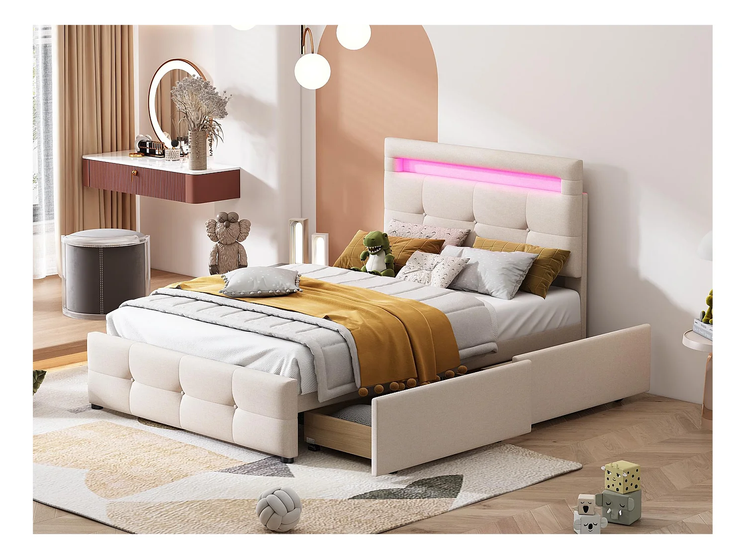 Lit simple 90 x 200 cm avec 2 tiroirs - tissu lin - LEDs - pour enfant - beige