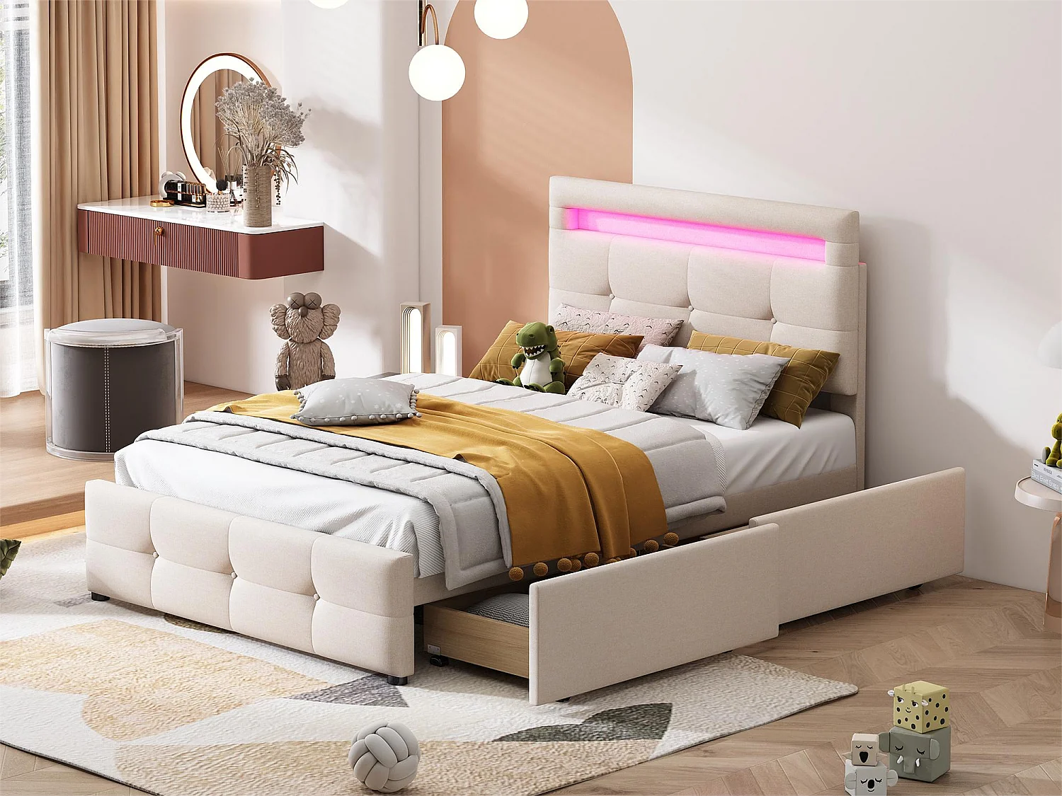 Lit simple 90 x 200 cm avec 2 tiroirs - tissu lin - LEDs - pour enfant - beige