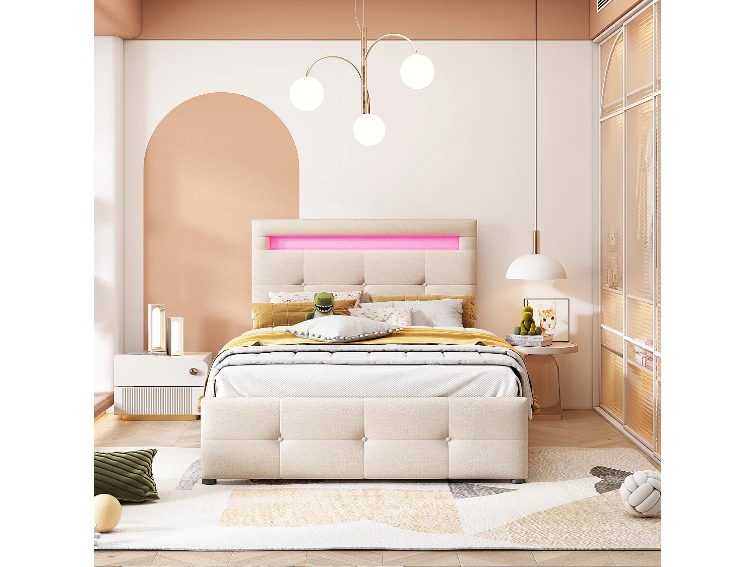 Lit simple 90 x 200 cm avec 2 tiroirs - tissu lin - LEDs - pour enfant - beige