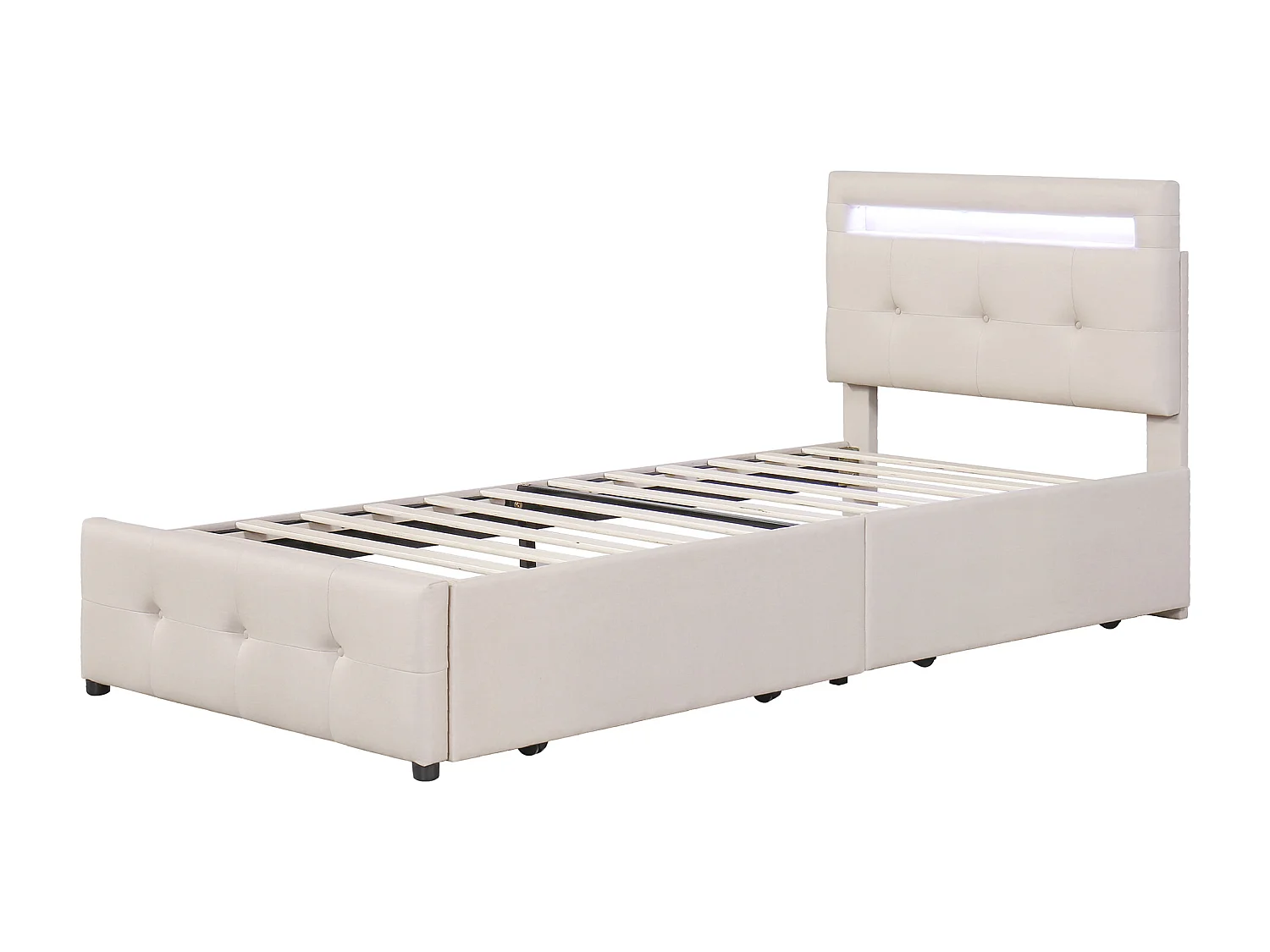 Lit simple 90 x 200 cm avec 2 tiroirs - tissu lin - LEDs - pour enfant - beige