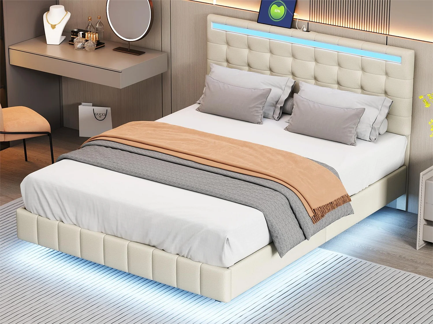 Gestoffeerd bed met hoofdbord - 140 x 200 cm - zwevend bedframe - LED's - linnen stof - beige