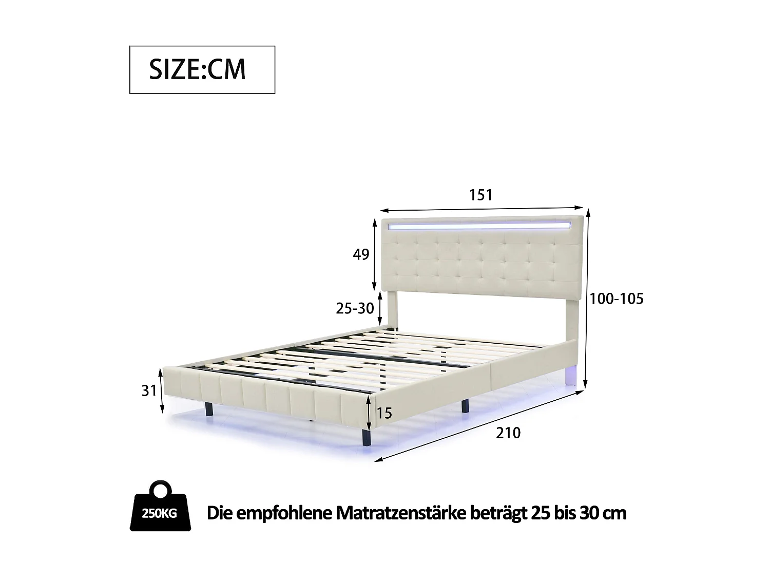 Gestoffeerd bed met hoofdbord - 140 x 200 cm - zwevend bedframe - LED's - linnen stof - beige