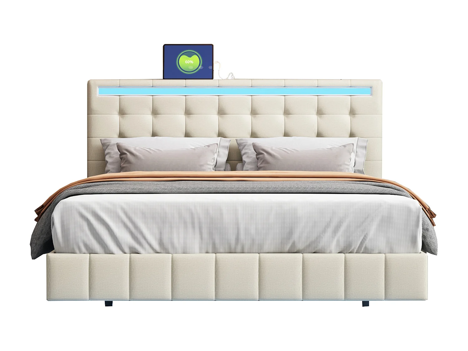 Gestoffeerd bed met hoofdbord - 140 x 200 cm - zwevend bedframe - LED's - linnen stof - beige