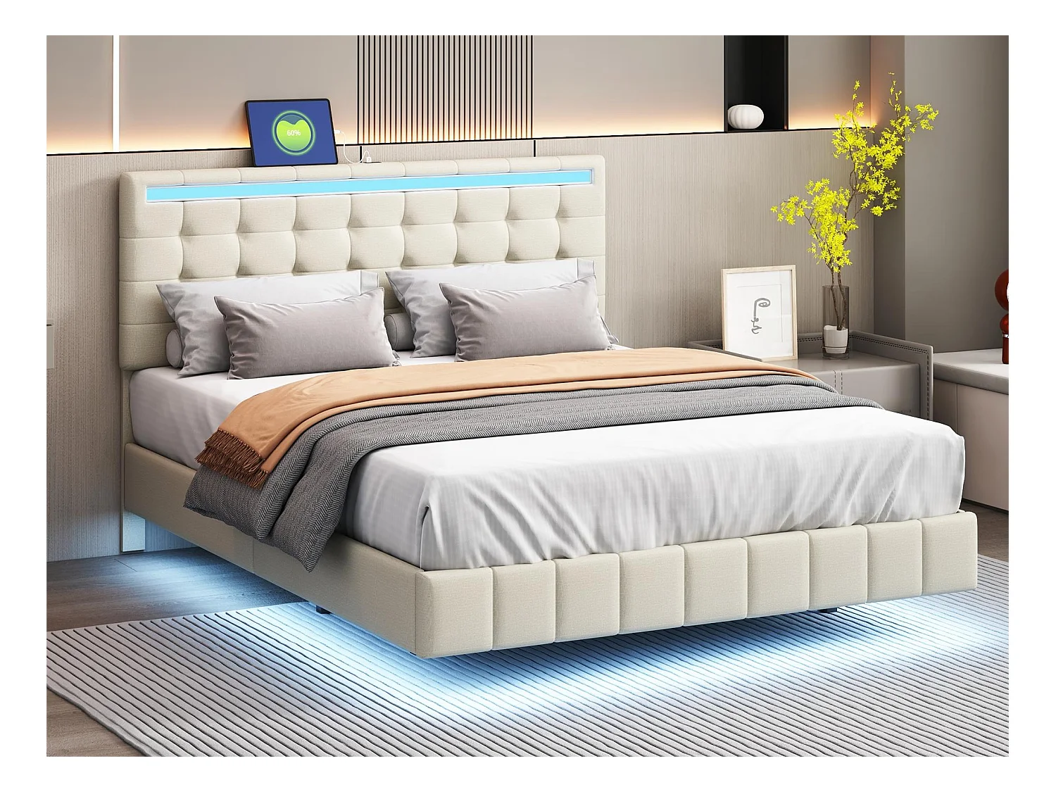 Lit capitonné avec tête de lit - 140 x 200 cm - cadre de lit flottant - LEDs - tissu lin - beige