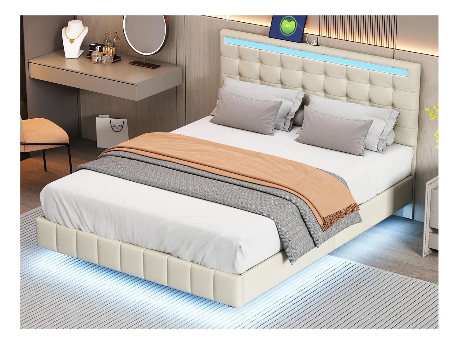 Lit capitonné avec tête de lit - 140 x 200 cm - cadre de lit flottant - LEDs - tissu lin - beige