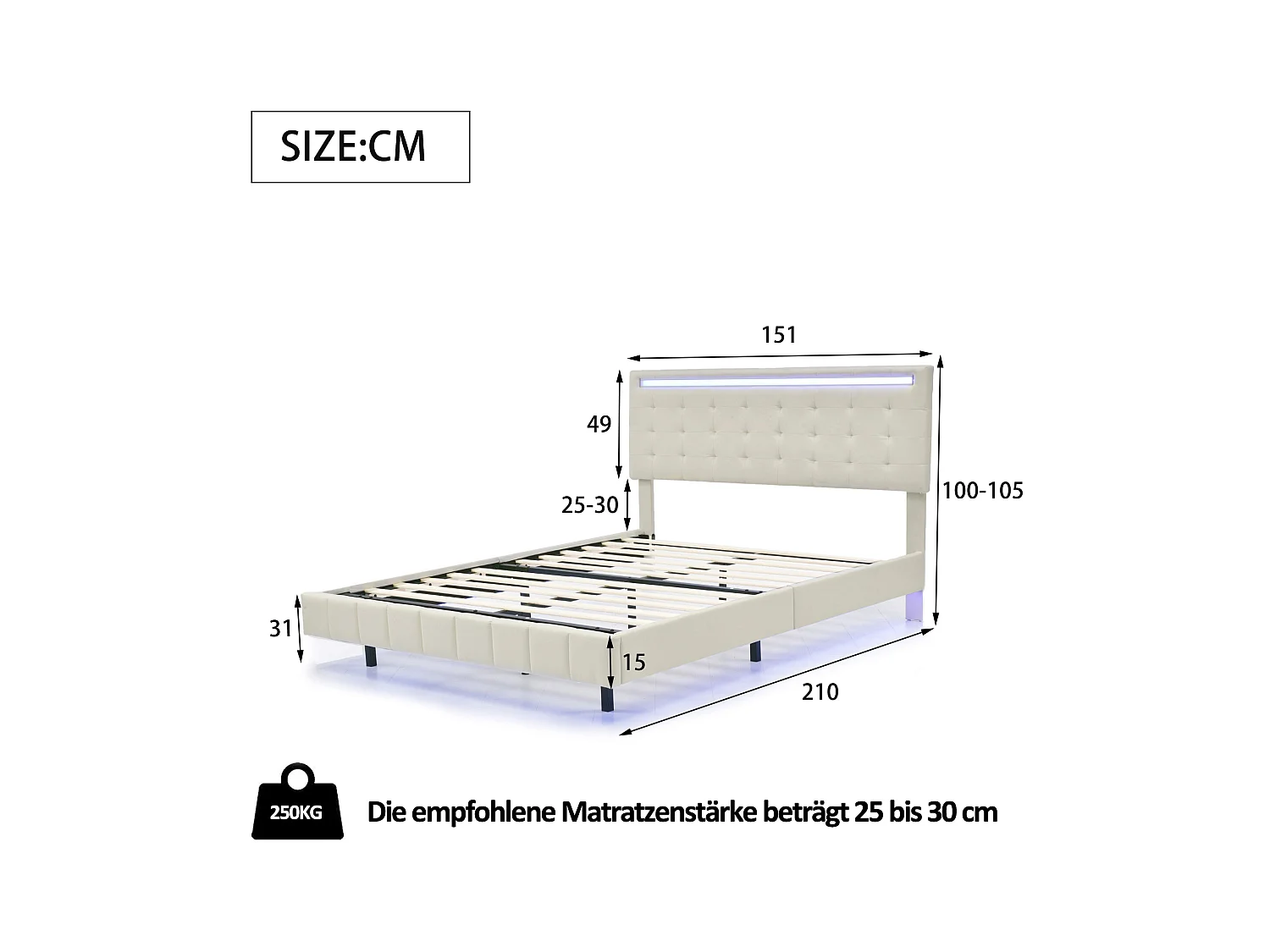 Lit capitonné avec tête de lit - 140 x 200 cm - cadre de lit flottant - LEDs - tissu lin - beige