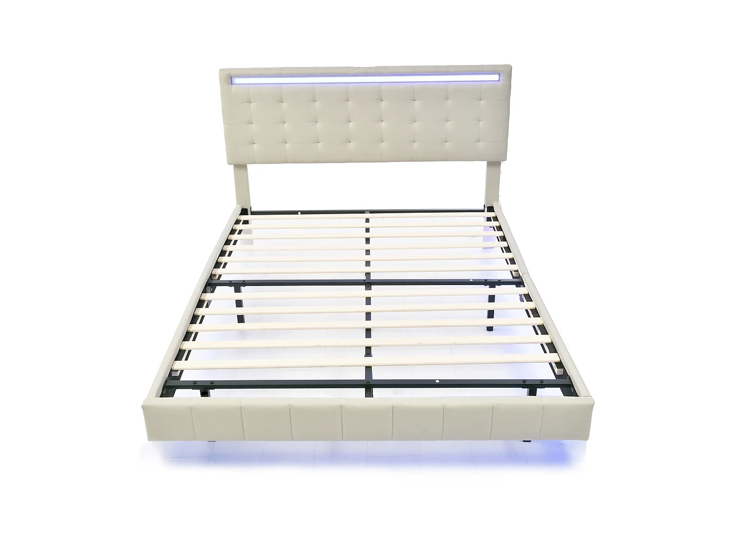 Lit capitonné avec tête de lit - 140 x 200 cm - cadre de lit flottant - LEDs - tissu lin - beige