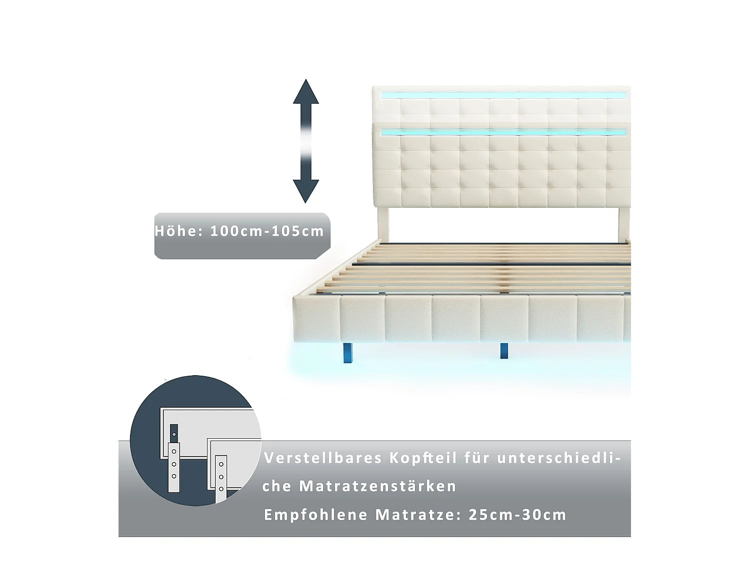 Lit capitonné avec tête de lit - 140 x 200 cm - cadre de lit flottant - LEDs - tissu lin - beige
