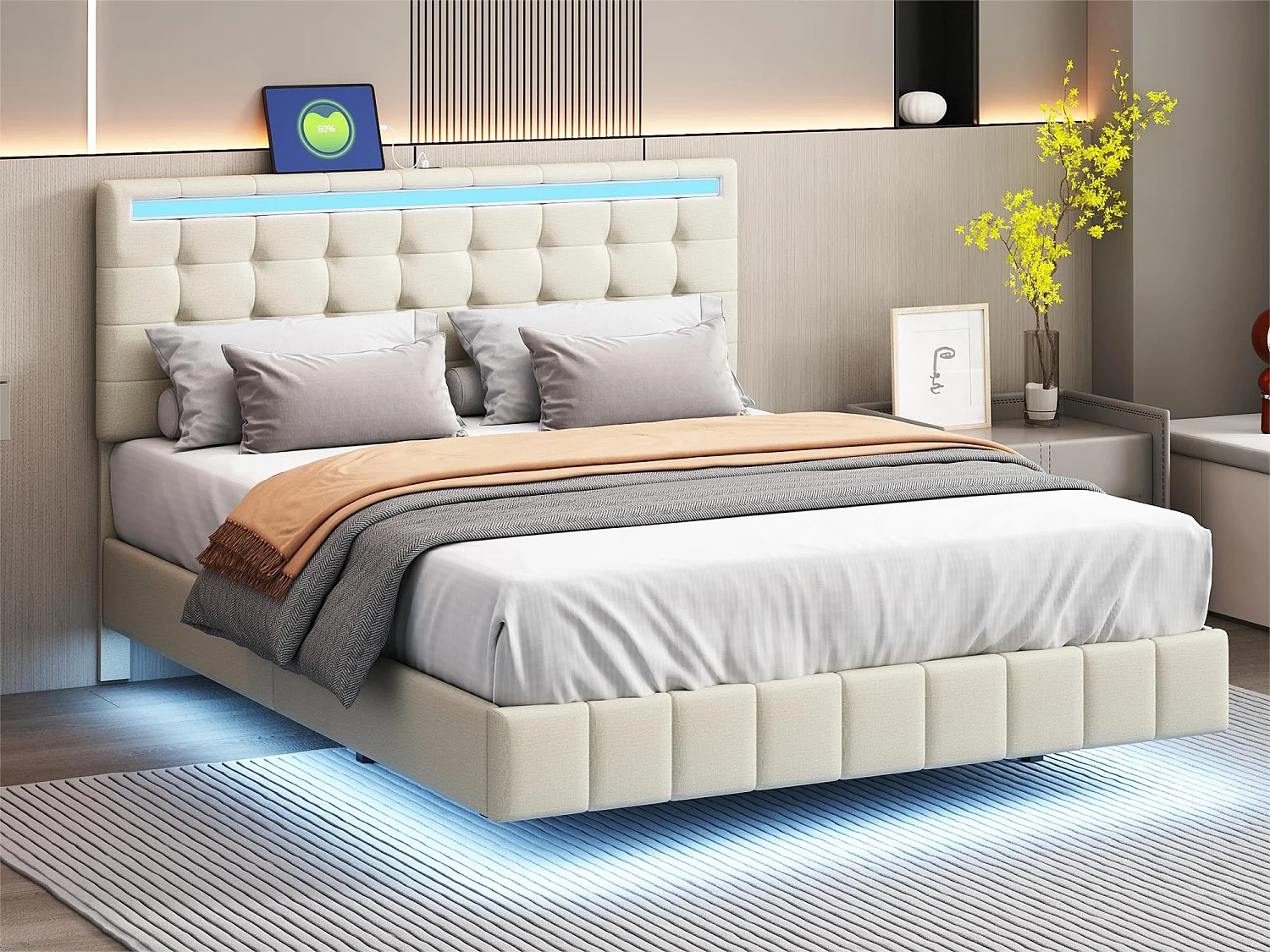 Polsterbett mit Kopfteil – 140 x 200 cm – schwebendes Bettgestell – LEDs – Leinenstoff – Beige