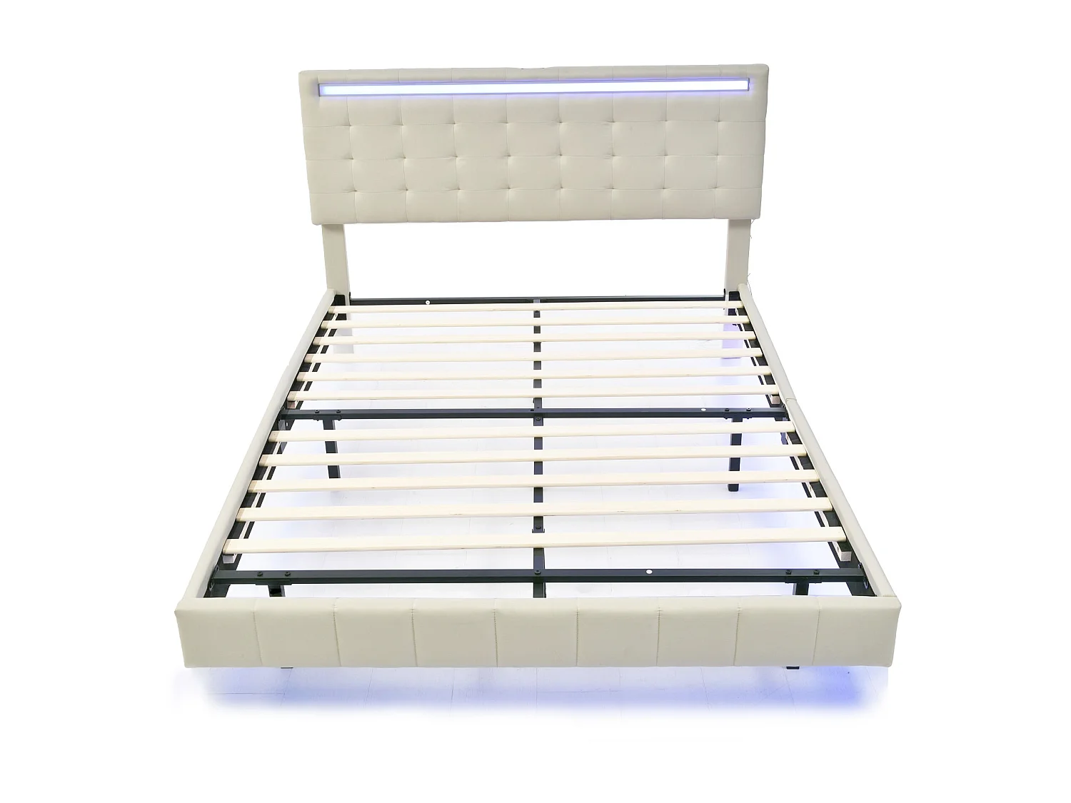 Polsterbett mit Kopfteil – 140 x 200 cm – schwebendes Bettgestell – LEDs – Leinenstoff – Beige