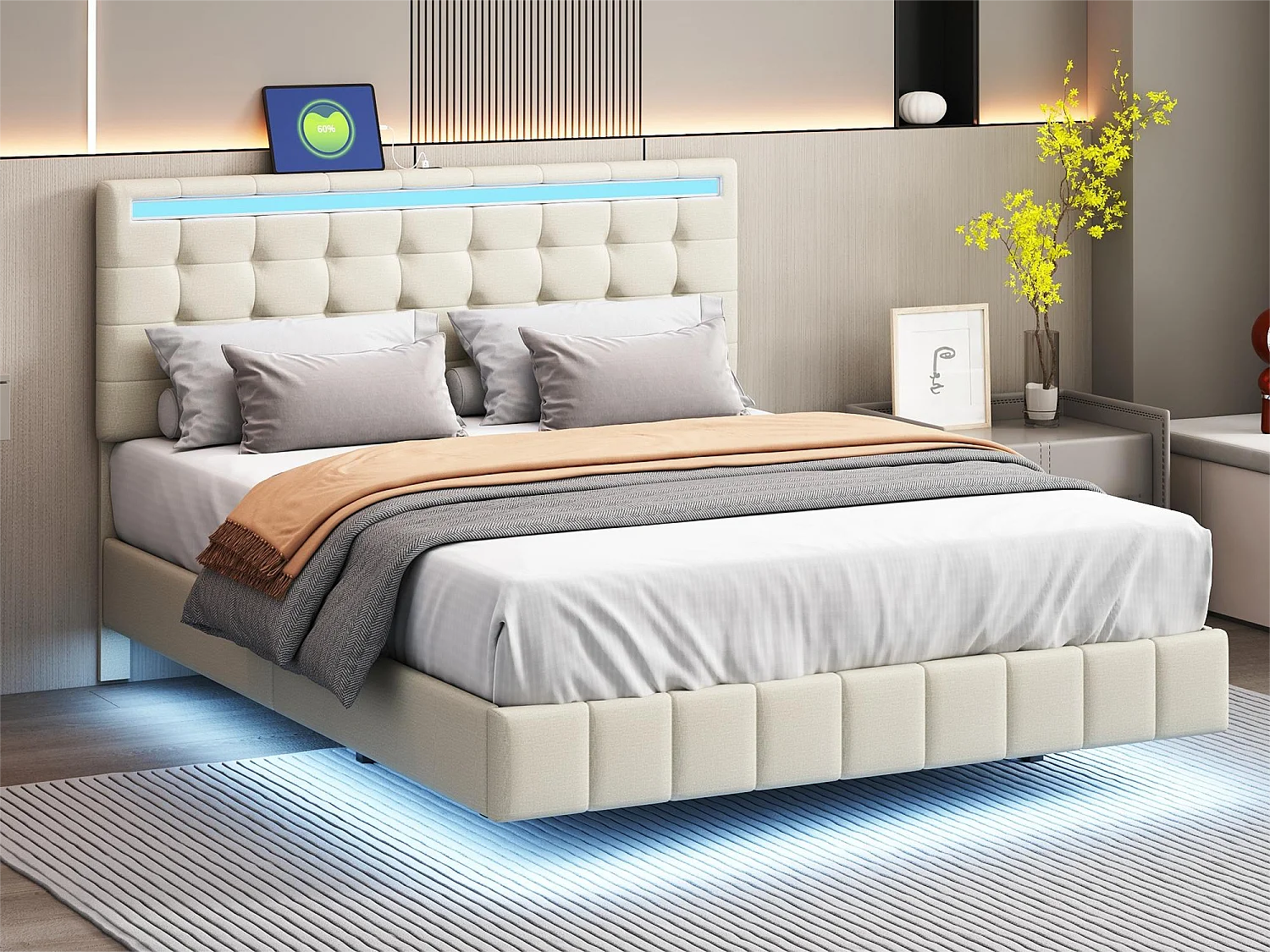 Cama estofada com cabeceira - 140 x 200 cm - estrado flutuante - LEDs - tecido de linho - bege