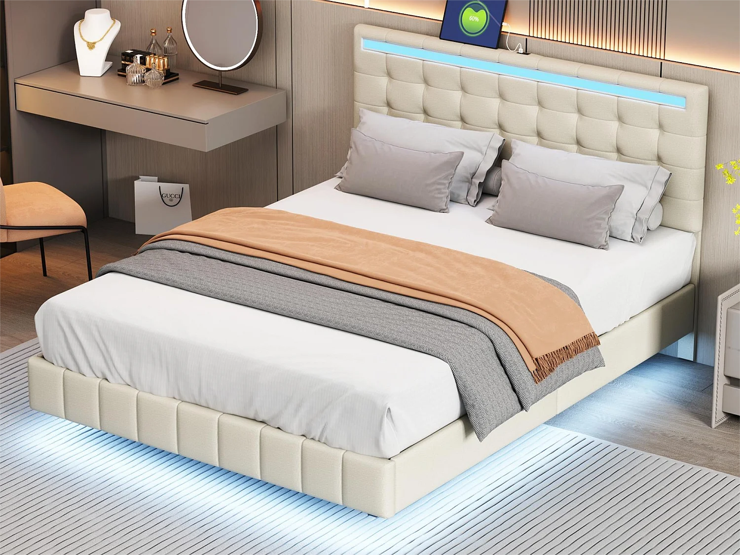 Cama estofada com cabeceira - 140 x 200 cm - estrado flutuante - LEDs - tecido de linho - bege