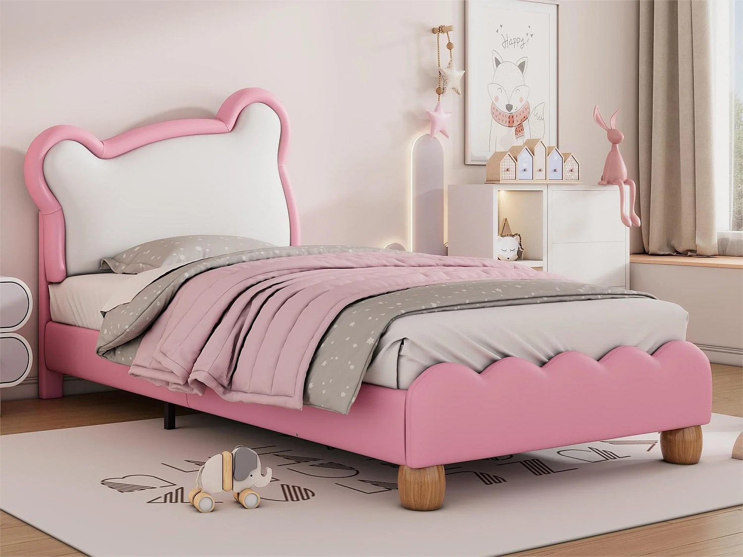 Letto singolo 90 x 200 cm con testiera accogliente orsetto - rete a doghe in legno - ecopelle - colore rosa