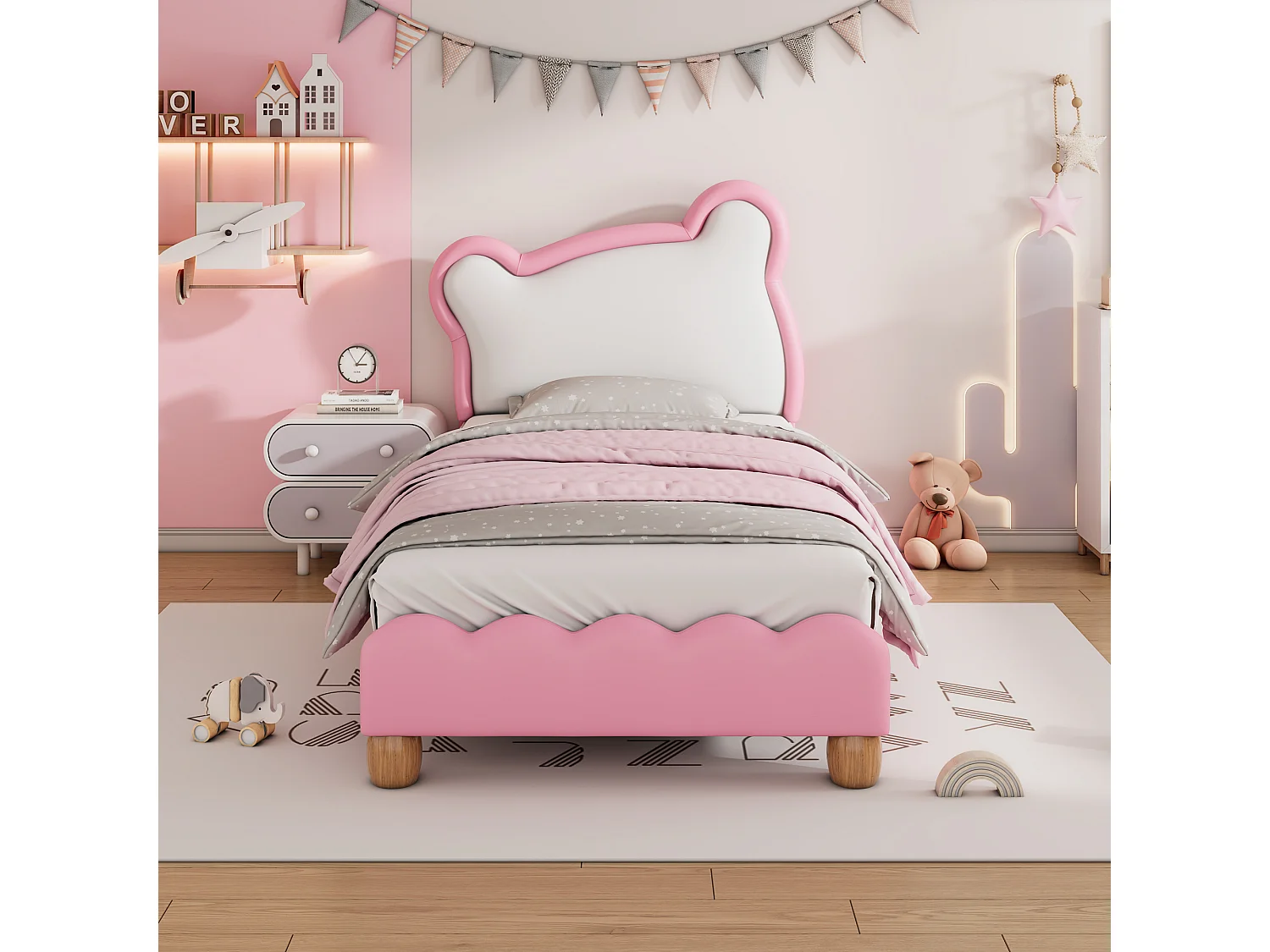 Letto singolo 90 x 200 cm con testiera accogliente orsetto - rete a doghe in legno - ecopelle - colore rosa