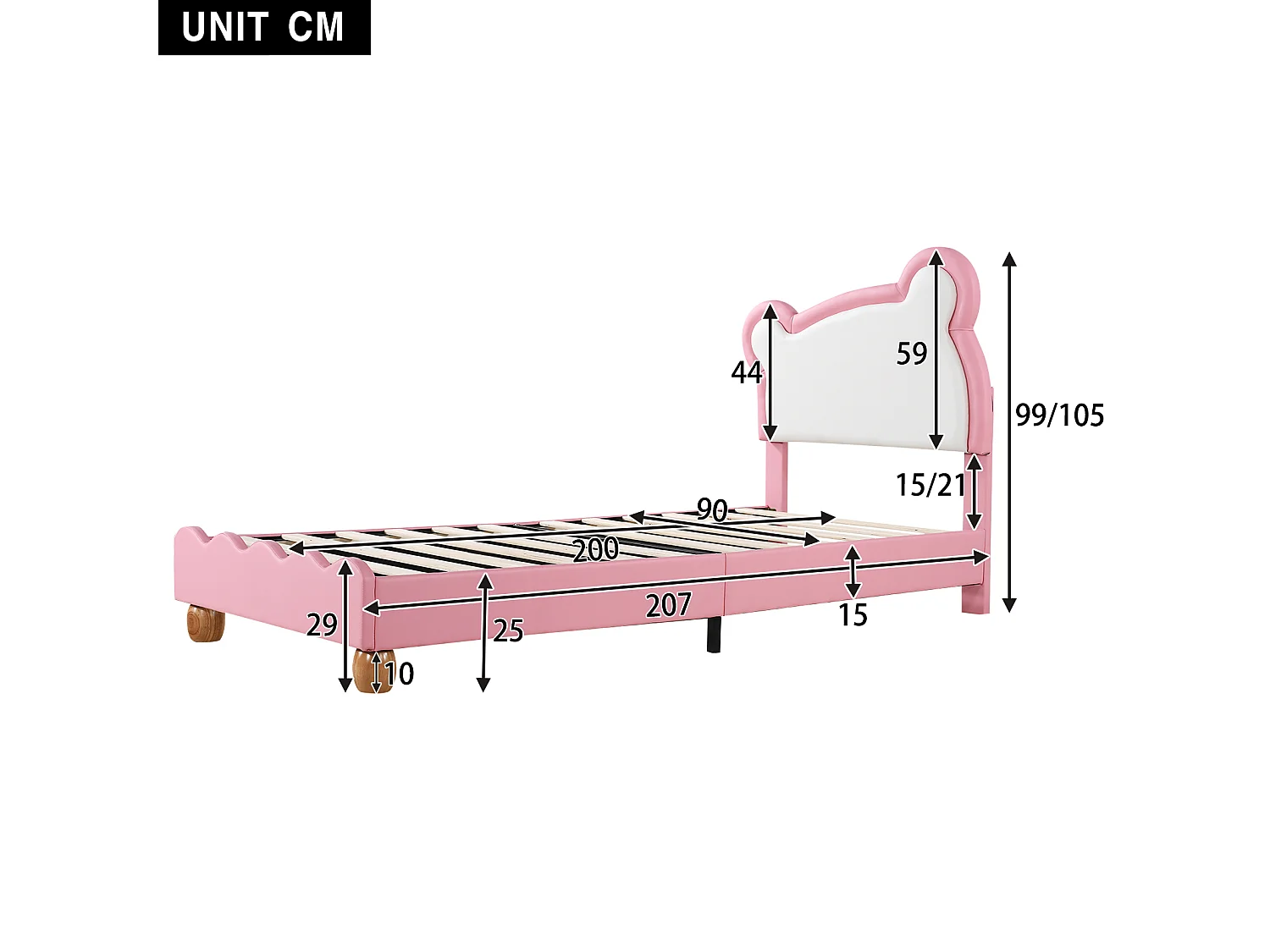 Letto singolo 90 x 200 cm con testiera accogliente orsetto - rete a doghe in legno - ecopelle - colore rosa