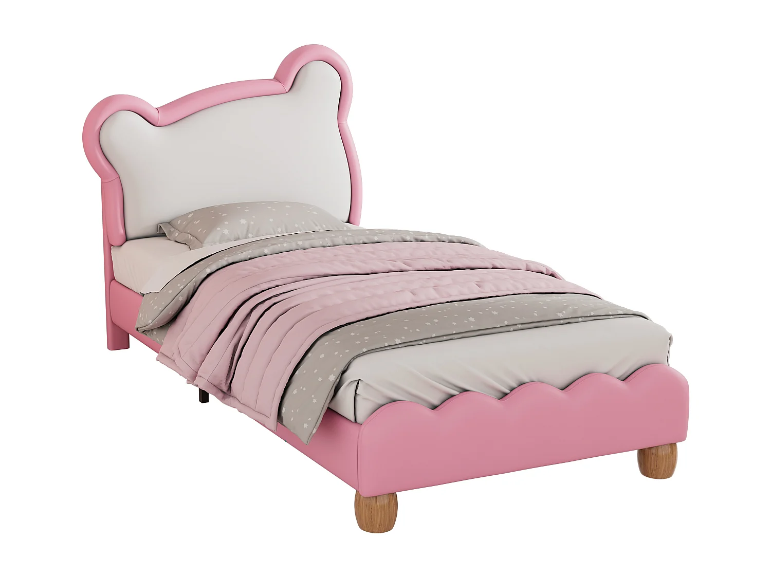 Letto singolo 90 x 200 cm con testiera accogliente orsetto - rete a doghe in legno - ecopelle - colore rosa