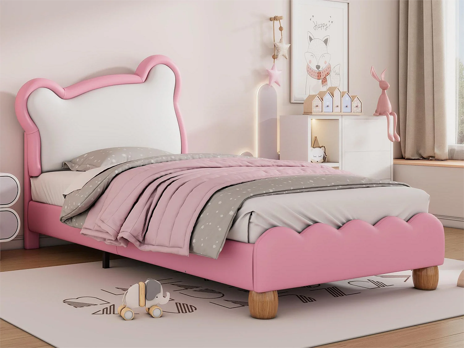 Letto singolo 90 x 200 cm con testiera accogliente orsetto - rete a doghe in legno - ecopelle - colore rosa