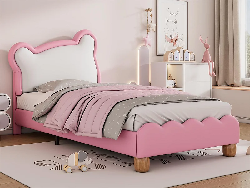 Letto singolo 90 x 200 cm con testiera accogliente orsetto - rete a doghe in legno - ecopelle - colore rosa