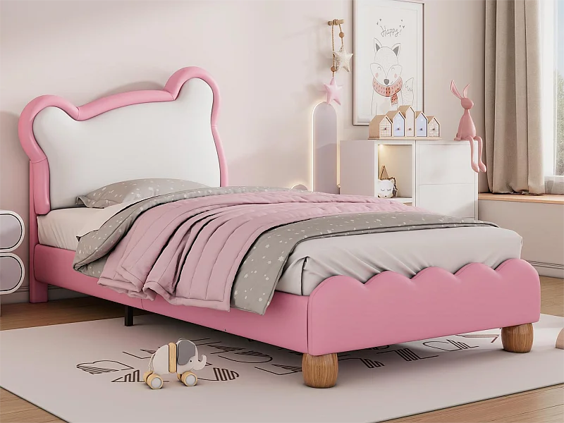 Letto singolo 90 x 200 cm con testiera accogliente orsetto - rete a doghe in legno - ecopelle - colore rosa