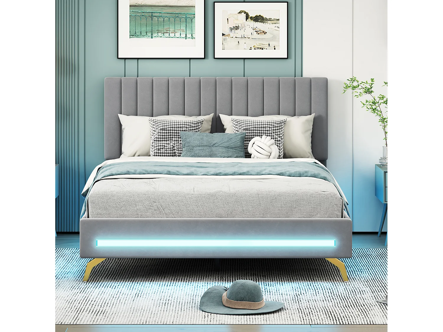 Gestoffeerd bed 140 x 200 cm met verstelbaar hoofdeinde - fluweel - LED's - grijs