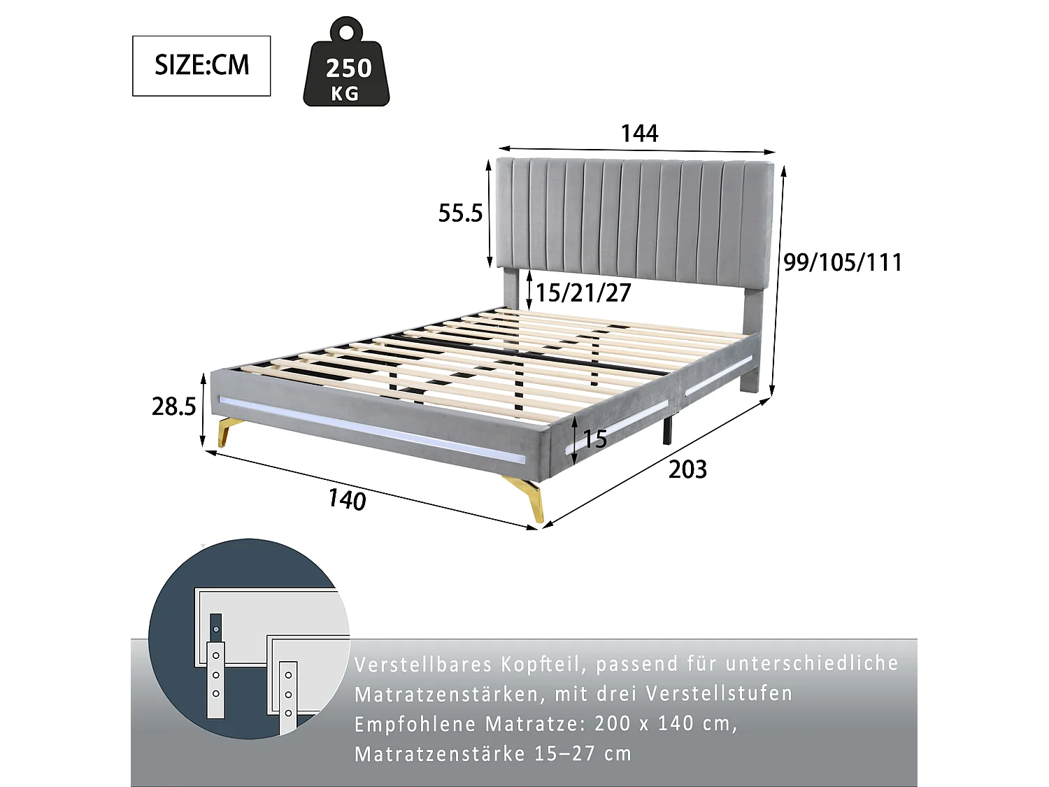 Gestoffeerd bed 140 x 200 cm met verstelbaar hoofdeinde - fluweel - LED's - grijs